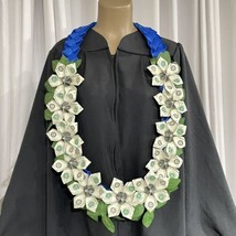 Graduation Money Lei 11 Flower And Leaves Blue  Four Braided Ribbons - £77.44 GBP