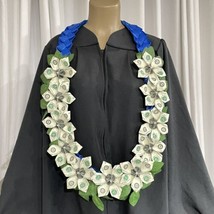 Graduation Money Lei 11 Flower And Leaves Blue  Four Braided Ribbons - £73.26 GBP