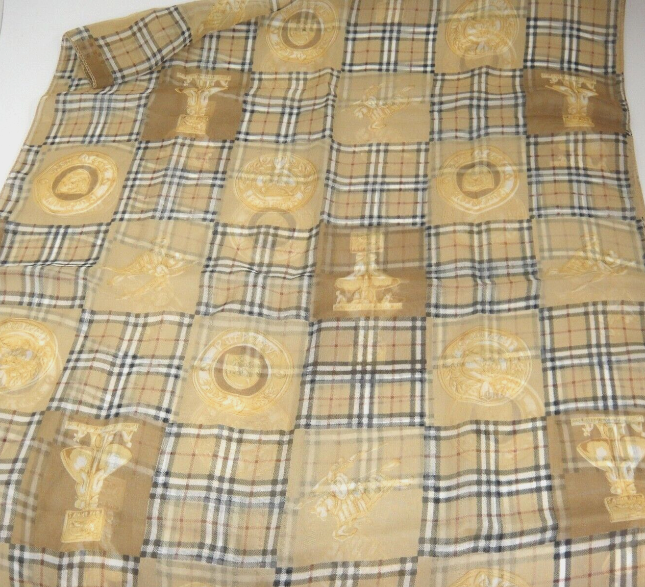 Womens Vintage Scarf Tan Black Plaid Knights Shields 20&quot; x 51&quot; Sheer Nylon - $2.96