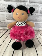 Baby Starters plush rag doll pink rosette black heart dress medium tan skin - $9.89