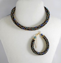 Jewelery set: beaded Necklace - Bracelet, Color Black-Blue-Green-Gold, H... - $32.00
