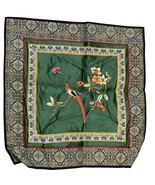 Vintage Green Silk Bird &amp; Floral Design Square Tapestry 12&quot; - $32.91 CAD