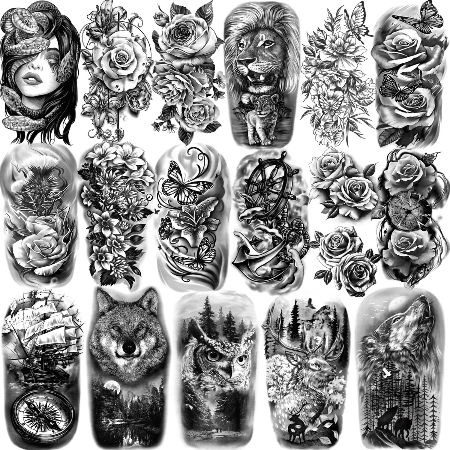 77 Sheets Temporary Tattoo, Half Arm Realistic Lion Wolf Owl Elk Snake Butterfly - Press-on Tattoos