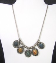 Vintage Gemstone Silver Necklace Boho Moss Agate Navy Brown Natural Stone Tribal - $16.82