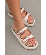 Beige Linen Dual Buckle Strap Thick Sole Outdoor Slippers - $595.08 MXN