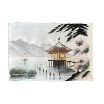 Japanese Silk Embroidery Pagoda on Lake with Boat and Mountains - £97.33 GBP