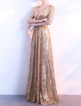 Gold Long Sequin Dress Gowns Women Half Sleeve Plus Size Sequin Dress image 3