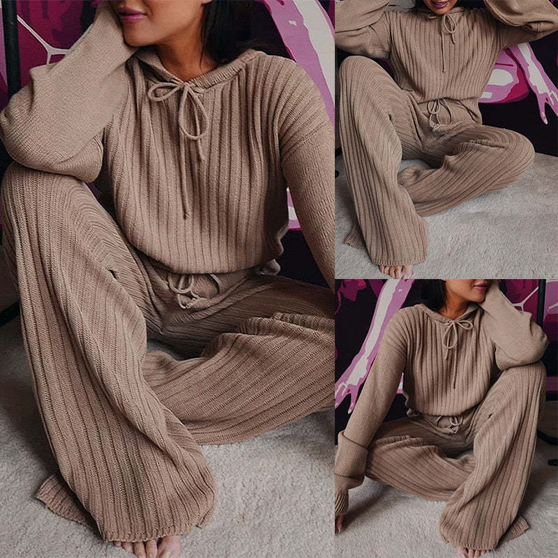 Long Sleeve Hooded Tops High Waist Wide Leg Pants Sets Casual Lounge Wear - $38.95