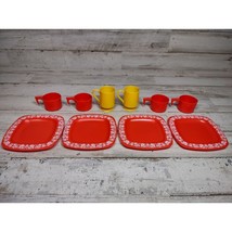 Vintage 1970s Doll Child Play Plates &amp; Mugs Cups Orange While Floral Design - £27.16 GBP