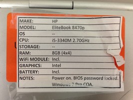 HP EliteBook 8470p *Parts/Repair* i5/8GB/BATT - No OS/HDD/CHRG - £30.08 GBP