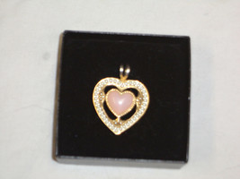Pink Stone Heart Pendant surrounded by pearls   Gold tone - £9.42 GBP