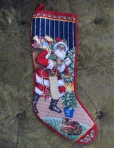 Vintage Needlepoint Christmas Stocking Black Santa Kitty Cat Handmade Wool - £39.95 GBP