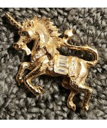Vintage Jewelry Brooch Beautiful Unicorn Rhinestone Gold Tone Pin - $16.77