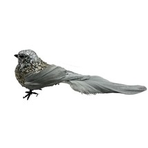 Silver Shiny Beaded Hanging Christmas Ornament with Gray Feathers - £6.86 GBP