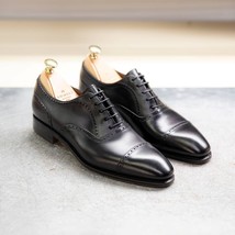 Black Handmade Leather Toe cap Lace up Dress Leather Shoes Men Oxfords s... - $169.99+