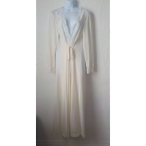 Vintage Lorraine Long Robe Ivory Polyester with Lace Trim and Cuffs Fits M/L - £24.56 GBP