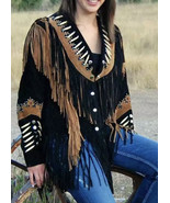 Women Suede Western Style Leather Jacket With Fringe - Black & Brown Contrast - $210.00