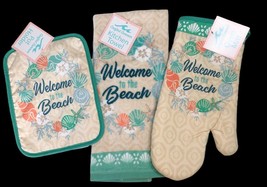 Shell Wreath Welcome Beach Dish Towel Oven Mitt Pot Holder Set of 3 Summer House - £23.33 GBP