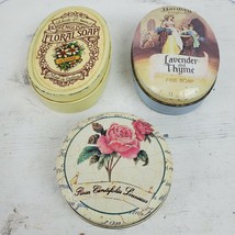 Vintage Soap Metal Tins SET OF 3 w/ Old Soaps Inside 2.5-3&quot; Collectible - £16.04 GBP