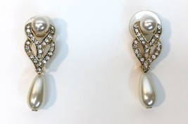 Gold Tone &amp; Rhinestone w/ Dangle Drop Faux Pearl Earrings Elegant Prom B... - £7.02 GBP