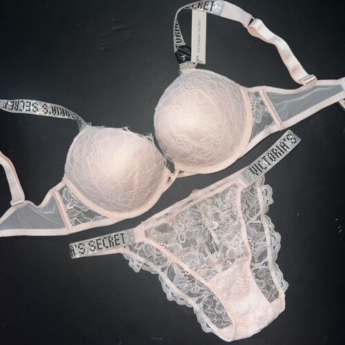 Primary image for Victoria's Secret 32C BOMBSHELL BRA SET S panty PINK LACE SHINE STRAP