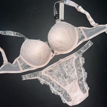 Victoria&#39;s Secret 32C Bombshell Bra Set S Panty Pink Lace Shine Strap - £63.22 GBP