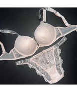 Victoria's Secret 32C BOMBSHELL BRA SET S panty PINK LACE SHINE STRAP - $79.19