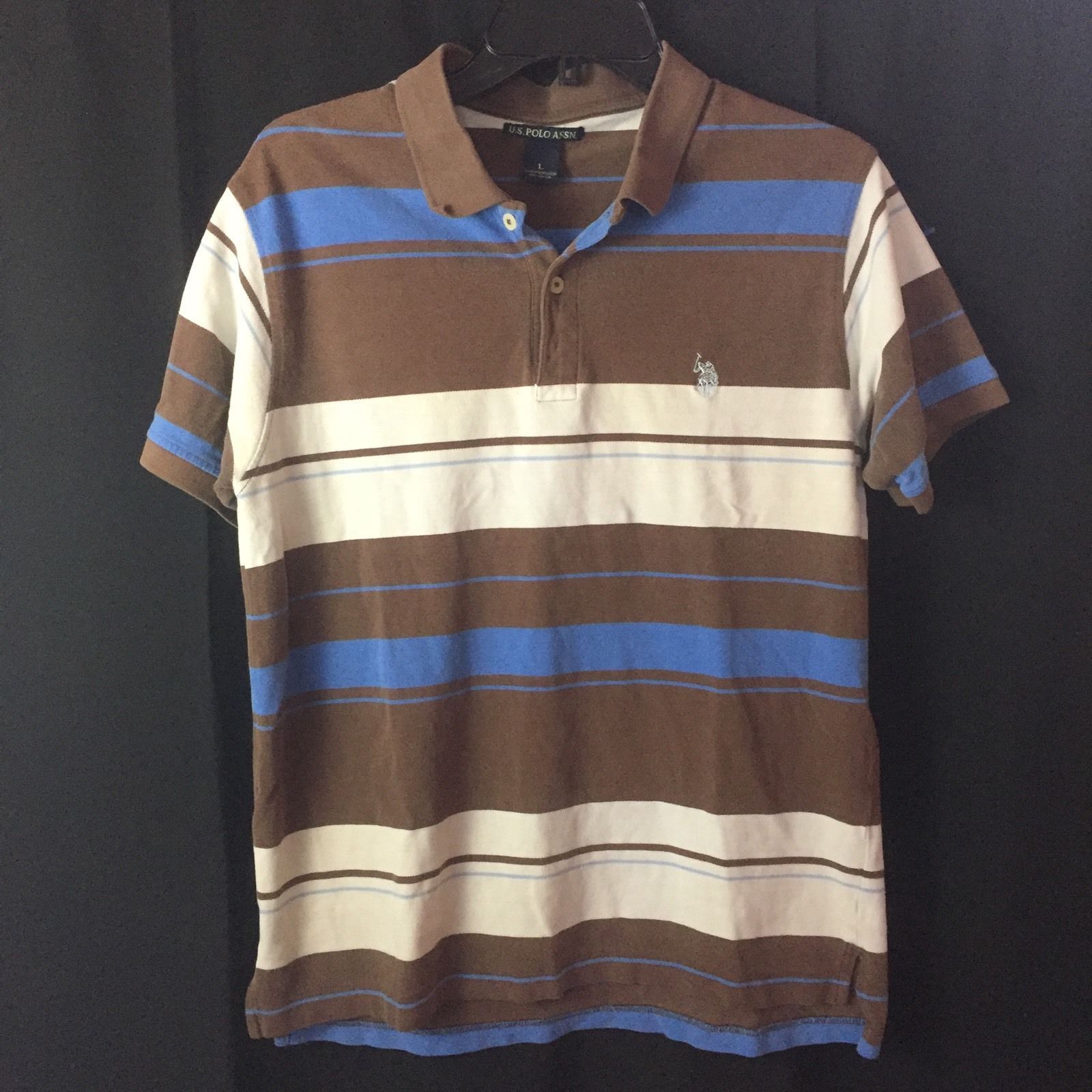 U.S. Polo Assn Men&#39;s Polo Shirt Striped Blue White Brown Size L - $10.29