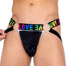 LOVE Print Jockstrap Rainbow Pride O Rings Elastic Waist Shimmer Finish ... - $33.29