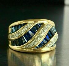 Baguette Simulated  Sapphire Wide Band Ring 925 Silver Gold Plated - £77.86 GBP