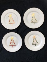 Pier 1 Christmas tree dessert salad plates set of 4 gold rim preowned 7 1/2 in. - £31.64 GBP