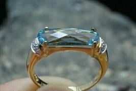 3CT Baguette Cut Lab Created Aquamarine Vintage Band Ring 14K Yellow Gold Plated - £111.90 GBP