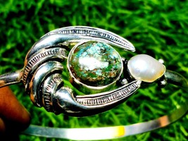 Turquoise &amp; Pearl Bangle – 925 Sterling Silver Boho Gemstone Bracelet, D... - $931.99 MXN