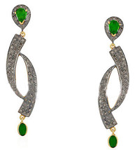Victorian 2.11ct Rose Cut Diamond Emerald Dangler Nice Bridal Earrings - $461.14
