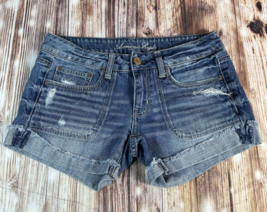 American Eagle Size 6 Low Rise Blue Jean Distressed Denim Shortie Shorts... - $23.74