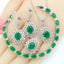 Green Stones Silver Color  Bridal Jewelry Sets For Women Bracelet Wedding Earrin - £42.28 GBP