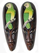 Set Of 2 African Hand Carved Wooden Tribal Mask With Parrots Wall Decor - £15.52 GBP