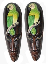 Set Of 2 African Hand Carved Wooden Tribal Mask With Parrots Wall Decor - $19.74