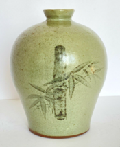 Vintage Bamboo Leaf Gray Green Stoneware Redware Ceramic Pottery Vase 7.5” Tall - £101.65 GBP