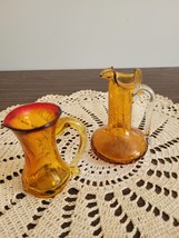 Vintage Pilgrim Glass Mini Pitchers Amber with Handle crackle swirl - $23.38