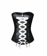 Black Faux Leather White Satin Lace Gothic Steampunk Waist Training Bust... - £54.21 GBP