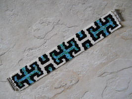 Bracelet: Blue, White, &amp; Black Jerusalem Crosses, Peyote Stitch, Tube Clasp - $39.00