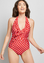 ModCloth S Swimsuit One-Piece Reese Wrap Polka Dot Halter Red White Small NEW - £23.85 GBP