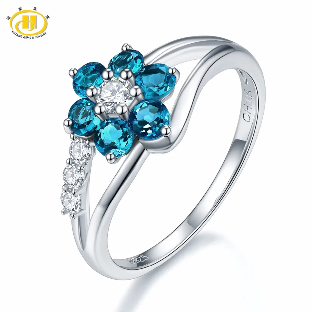 Natural Gemstone Dark Blue Topaz Rings Solid 925 Sterling Silver Flower Ring Fin - £27.76 GBP