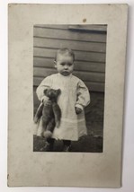 Adorable Baby Girl Holding Teddy Bear RPPC Antique PC AZO Infant in White Dress - £12.71 GBP