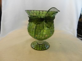 Decorative Green Glass Pedestal Candy Bowl with Mirror Glass Tiles - $70.00