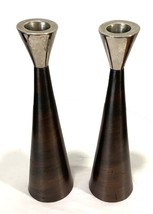 Pair of Mid Century Modern Tapered 8&quot; Candlestick Holders Copper Steel - £30.55 GBP
