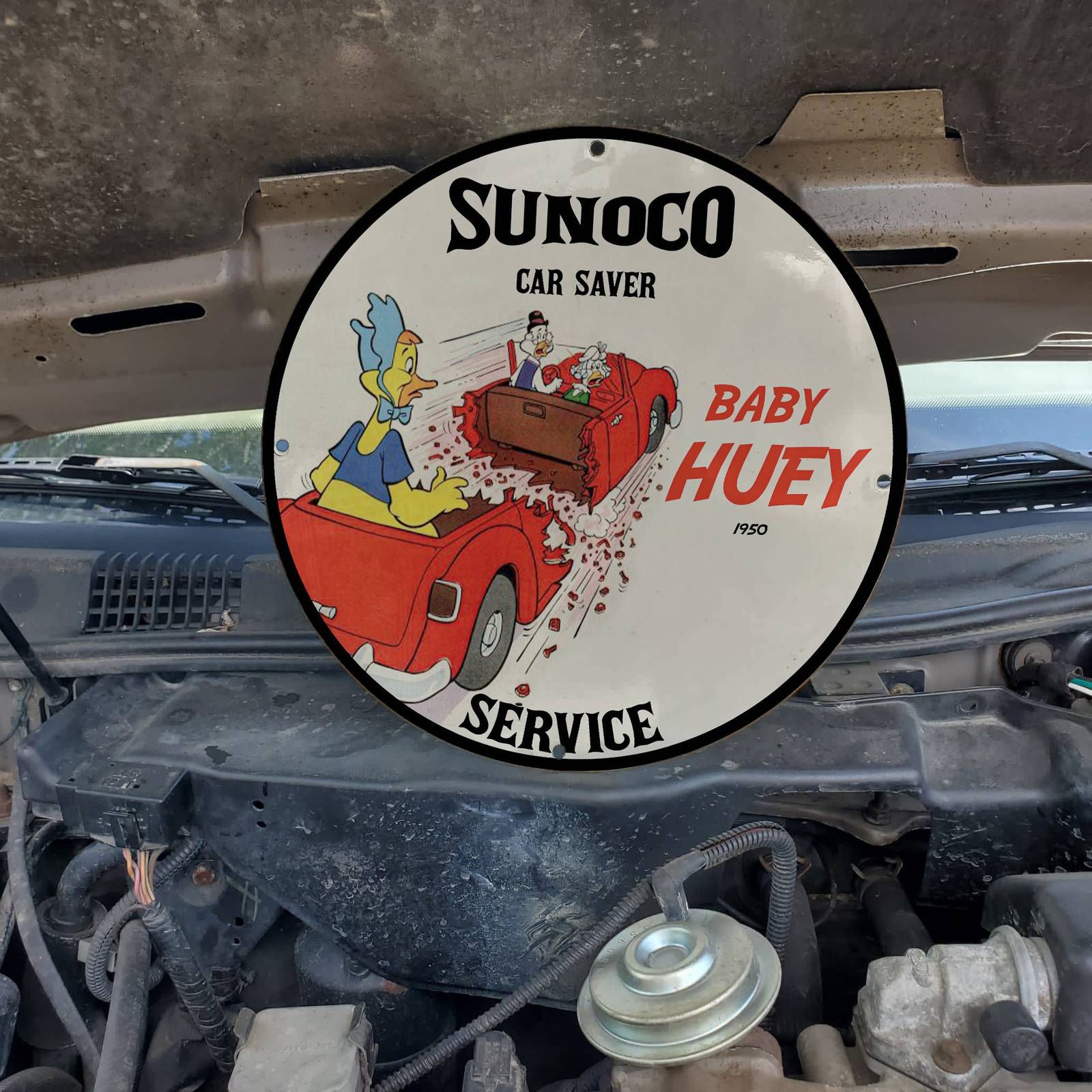 Vintage 1950 Sunoco Car Saver Service ''Baby Huey'' Porcelain Gas & Oil Sign - £98.36 GBP