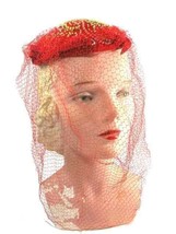 Vtg Retro Womens Hat Red Embroidered  Long Red Veil 1940s Fits Any Size - £84.66 GBP