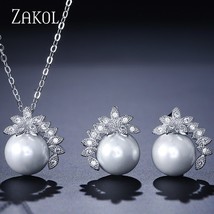 ZAKOL Trendy Leaf Crystal Cubic Zircon Pendant Necklace Earrings Set for Women F - £17.46 GBP